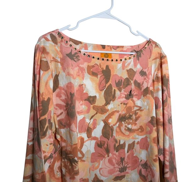 Ruby Rd Blouse Women's 1X Round Neck Beaded Colorful Artsy Floral Top NWT - Picture 2 of 10